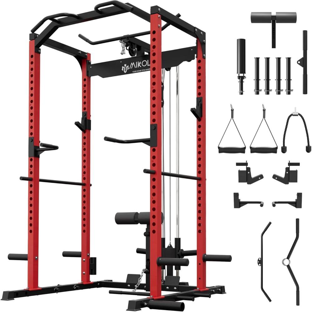 imageMikolo Power Cage Power Rack with LAT Pulldown 1200 Pounds Capacity Workout Cage with More Training Attachments Squat Rack for Home Gym F4 VersionsRed