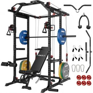 Mikolo K6 2.0 Power Cage, Power Rack with Cable Crossover System, 2000LBS Squat Rack with LAT Pull Down System, Functional Trainer with Aluminum Pulley System for Home Gym(230LB Color Weights Package)