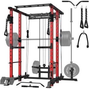 Mikolo Power Cage, 1500lbs Power Rack with LAT PullDown and Cable Crossover System, Squat Rack with Pulley System, Weight Cage for Home Gym with Training Attachments(Red)