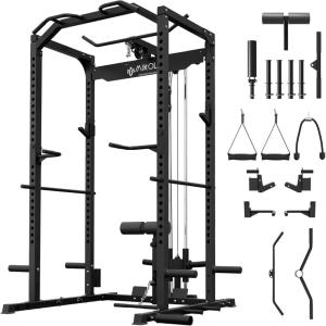 Mikolo Power Cage, Power Rack with LAT Pulldown, 1200 Pounds Capacity Workout Cage with More Training Attachments, Squat Rack for Home Gym, F4 Versions(Black)