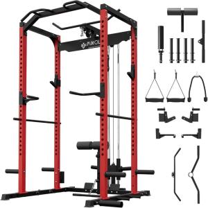 Mikolo Power Cage, Power Rack with LAT Pulldown, 1200 Pounds Capacity Workout Cage with More Training Attachments, Squat Rack for Home Gym, F4 Versions(Red)