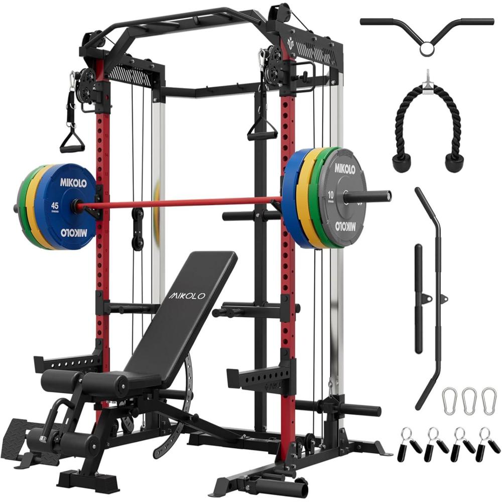 imageMikolo Power Cage 2000LB Power Rack with Independent Dual Pulley System MultiFunction Home Gym Workout Machine for Cable CrossoverRed