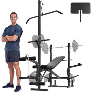 Mikolo 8 in 1 Olympic Weight Bench Set with Leg Extension and Leg Curl, Multi-Function Bench Press Set with Preacher Curl Pad and Chest Fly, Full-Body Strength Training Equipment(Black with Barbell for 1-inch plate)
