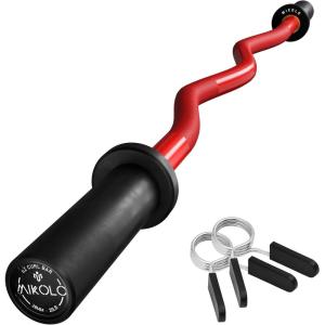 Mikolo EZ Curl Bar, 2 Inch Olympic Curl Bar for Biceps and Triceps, 47” Curling Bar with Knurled Grip, 700LB Barbell Bar with Multi-Angle Wrist-Friendly Design(Red)