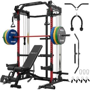 Mikolo Power Cage, 2000LB Power Rack with Independent Dual Pulley System, Multi-Function Home Gym Workout Machine for Cable Crossover(Red)