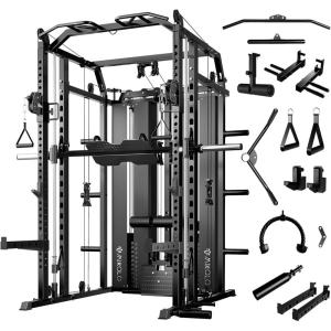 Mikolo Smith Machine with Weight Stack, Power Cage Home Gym System with LAT Pulldown & Cable Crossover, Multi-Functional Trainer with Dual Pulley System, Includes 10+ Free Attachments