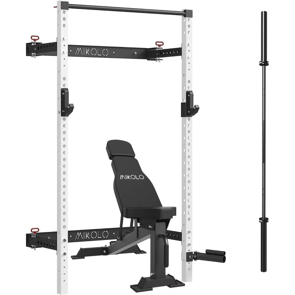 imageMikolo 2 x 2 Folding Wall Mounted Squat Rack Foldable Power Rack with Weight Bench and 7FT Barbell SpaceSaving Home Gym Package