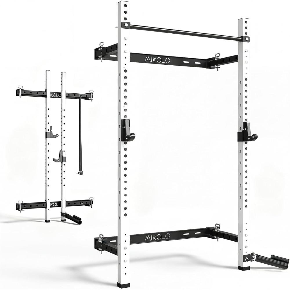 imageMikolo 2quot x 2quot Folding Wall Mounted Squat Rack 1000 Pounds Capacity Power Rack with Pull Up Bar J Hooks and Other Attachments SpaceSaving Home GymWhite