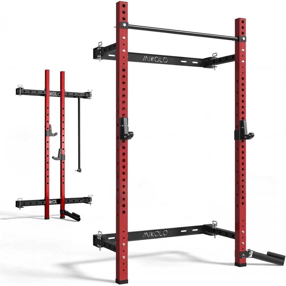imageMikolo 2quot x 2quot Folding Wall Mounted Squat Rack 1000 Pounds Capacity Power Rack with Pull Up Bar J Hooks and Other Attachments SpaceSaving Home GymRed