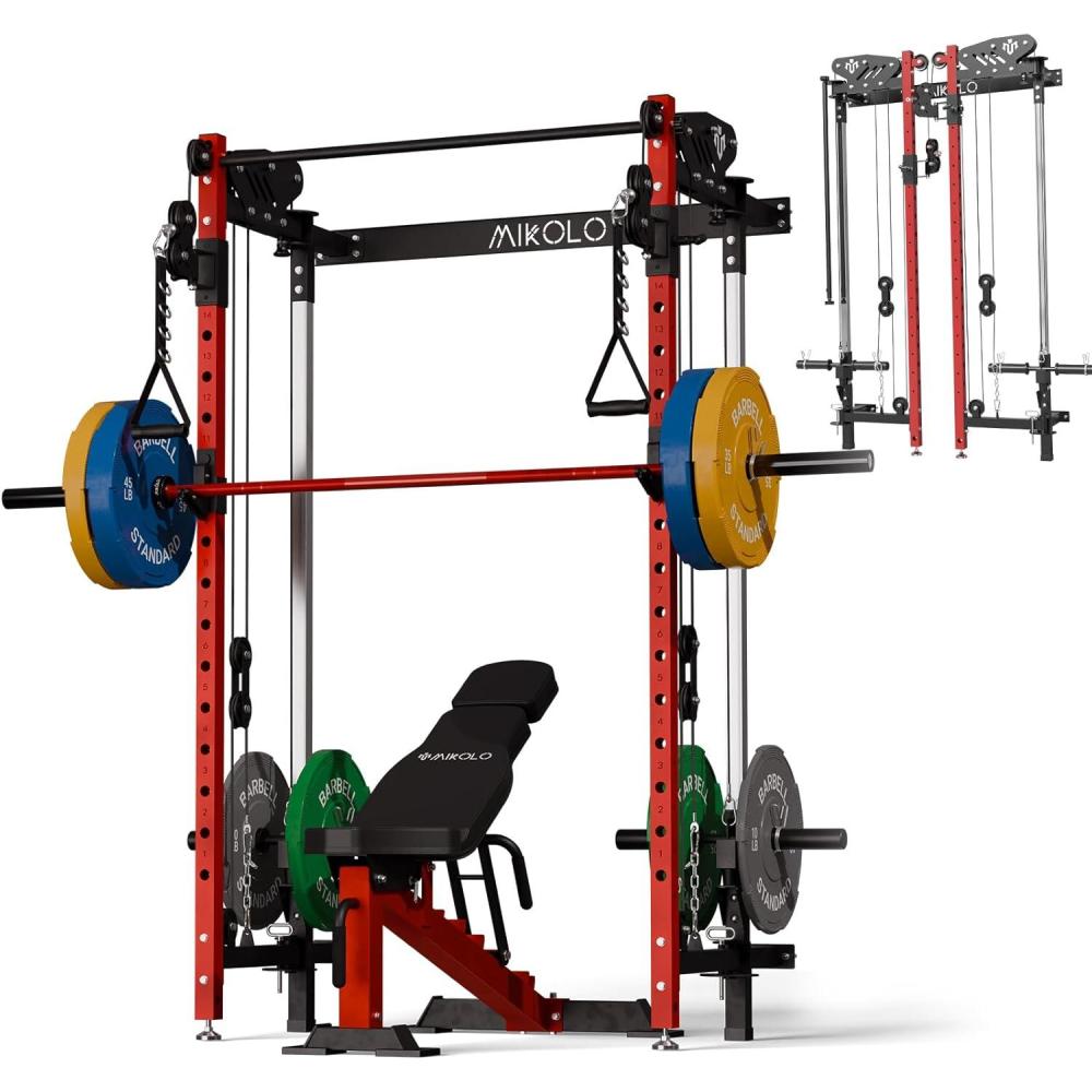 imageMikolo Folding Squat Rack Wall Mounted Power Rack with Cable Crossover Machine ampamp LAT Pull Down Machines Functional Trainer with 5 Adjustable Function Modes for Home GymRed Home Gym Package