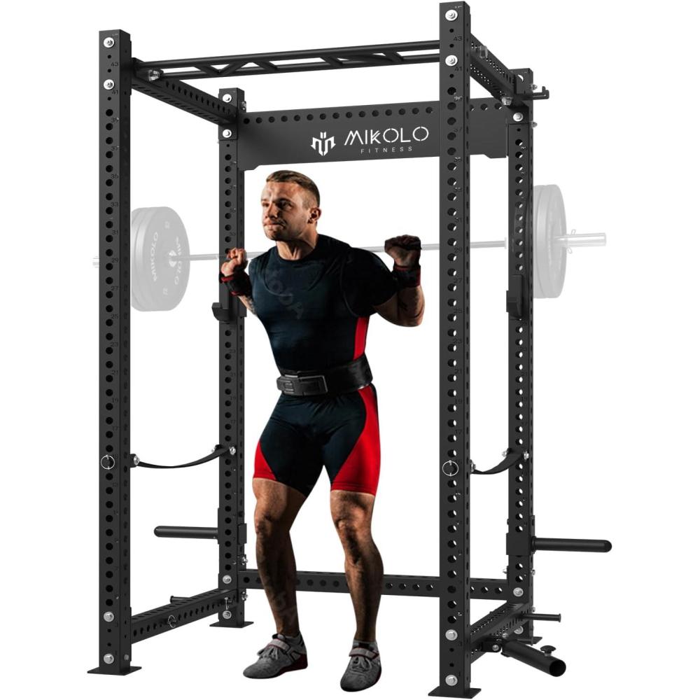 imageMikolo Power Cage 2000lbs Power Rack MultiFunction Squat Cage 3quotx 3quotCommercial Squat Rack for Home Gym with Attachment Set RedBlack