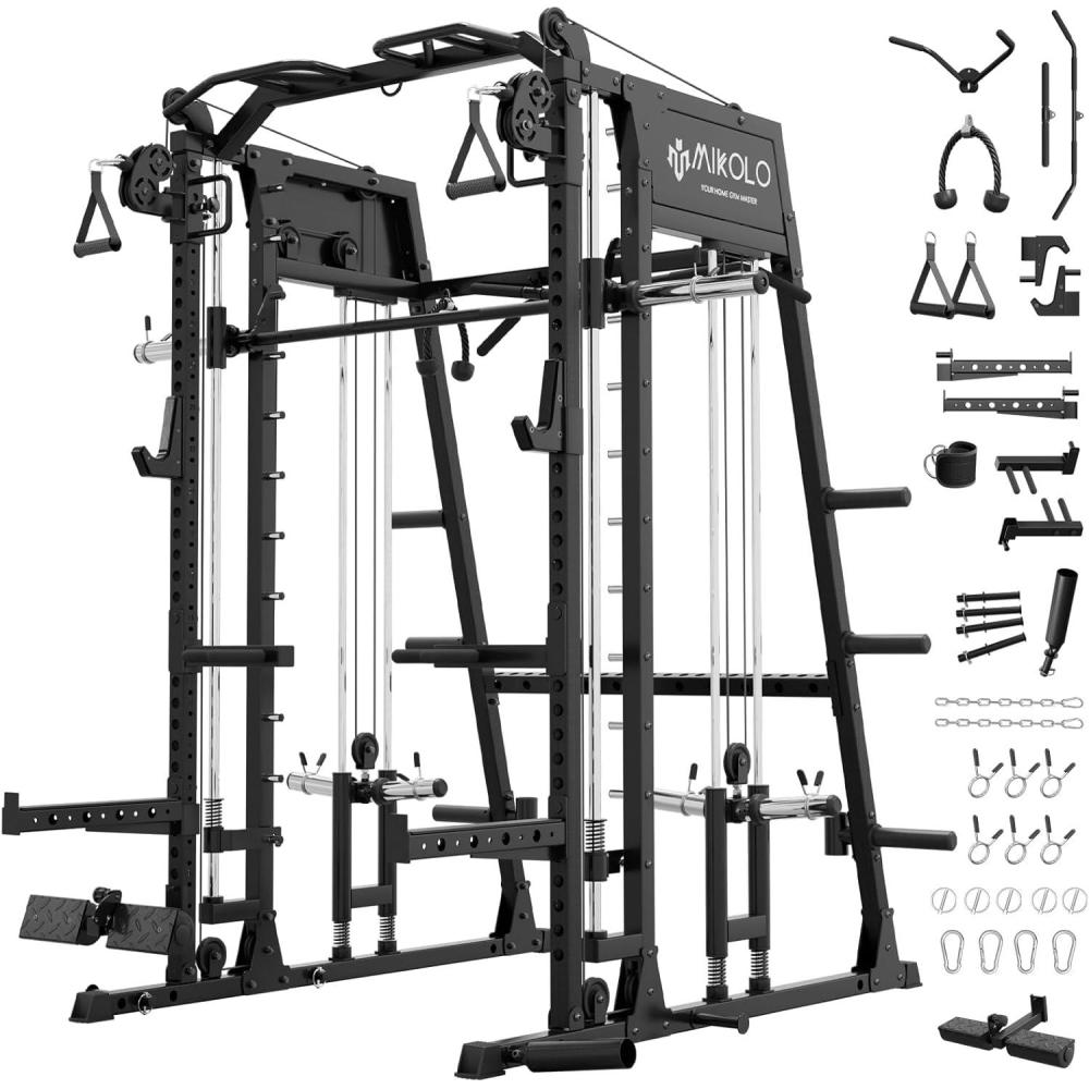imageMikolo Smith Machine 2200lbs Squat Rack with LATPull Down System ampamp Cable Crossover Machine Training Equipment with Leg HoldDown AttachmentBlack