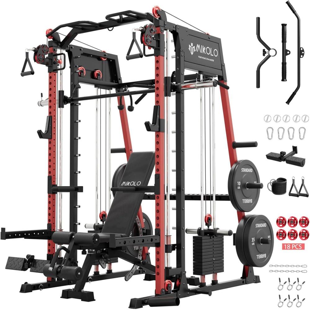imageMikolo Smith Machine Allinone Power Cage Home Gym with Weight Stack Aluminum Pulley Set Dual LAT PullDown System ampamp Cable Crossover Red with 230lb Black Plates SetBench