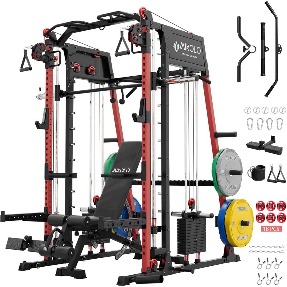 imageMikolo Smith Machine Allinone Power Cage Home Gym with Weight Stack Aluminum Pulley Set Dual LAT PullDown System ampamp Cable Crossover Red with 230lb Color Plates SetBench