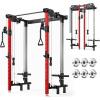 Mikolo Folding Squat Rack, Wall Mounted Power Rack with Cable Crossover Machine & LAT Pull Down, Functional Trainer with 5 Adjustable Function Modes, for Home Gym and Space Saving(Red)