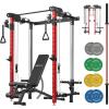Mikolo Folding Squat Rack, Wall Mounted Power Rack with Cable Crossover Machine & LAT Pull Down, Functional Trainer with 5 Adjustable Function Modes, for Home Gym and Space Saving(Red)