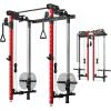 Mikolo Folding Squat Rack, Wall Mounted Power Rack with Cable Crossover Machine & LAT Pull Down, Functional Trainer with 5 Adjustable Function Modes, for Home Gym and Space Saving(Red)