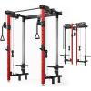 Mikolo Folding Squat Rack, Wall Mounted Power Rack with Cable Crossover Machine & LAT Pull Down, Functional Trainer with 5 Adjustable Function Modes, for Home Gym and Space Saving(Red)