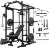 Mikolo Power Cage, Power Rack with Cable Crossover System, 1500LBS Squat Rack with LAT Pull Down System, Workout Cage with Pulley System for Fitness Home Gym(Black)