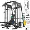 Mikolo Smith Machine, 2200lbs Squat Rack with LAT-Pull Down System & Cable Crossover Machine, Training Equipment with Leg Hold-Down Attachment(Black)
