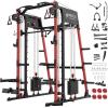 Mikolo Smith Machine, 2200lbs Squat Rack with LAT-Pull Down System & Cable Crossover Machine, Training Equipment with Leg Hold-Down Attachment(Red)