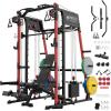 Mikolo Smith Machine, 2200lbs Squat Rack with LAT-Pull Down System & Cable Crossover Machine, Training Equipment with Leg Hold-Down Attachment(Red)