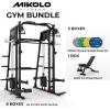 Mikolo Smith Machine, All-in-one Power Cage Home Gym with Weight Stack, Aluminum Pulley Set, Dual LAT Pull-Down System & Cable Crossover, Black (with 230lb Color Plates Set+Bench)