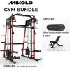 Mikolo Smith Machine, All-in-one Power Cage Home Gym with Weight Stack, Aluminum Pulley Set, Dual LAT Pull-Down System & Cable Crossover, Red (with 230lb Black Plates Set+Bench)