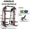 Mikolo Smith Machine, All-in-one Power Cage Home Gym with Weight Stack, Aluminum Pulley Set, Dual LAT Pull-Down System & Cable Crossover, Red (with 230lb Color Plates Set+Bench)