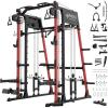 Mikolo Smith Machine, 2200lbs Squat Rack with LAT-Pull Down System & Cable Crossover Machine, Training Equipment with Leg Hold-Down Attachment(Red)