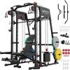 Mikolo Smith Machine, All-in-one Power Cage Home Gym with Weight Stack, Aluminum Pulley Set, Dual LAT Pull-Down System & Cable Crossover, Black (with 230lb Color Plates Set+Bench)