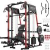 Mikolo Smith Machine, All-in-one Power Cage Home Gym with Weight Stack, Aluminum Pulley Set, Dual LAT Pull-Down System & Cable Crossover, Red (with 230lb Black Plates Set+Bench)