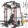 Mikolo Smith Machine, All-in-one Power Cage Home Gym with Weight Stack, Aluminum Pulley Set, Dual LAT Pull-Down System & Cable Crossover, Red (with 230lb Color Plates Set+Bench)