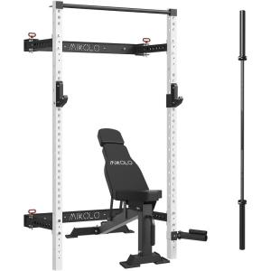 Mikolo 2” x 2” Folding Wall Mounted Squat Rack, Foldable Power Rack with Weight Bench and 7FT Barbell, Space-Saving Home Gym Package