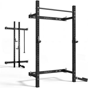Mikolo 2″ x 2″ Folding Wall Mounted Squat Rack, 1000 Pounds Capacity Power Rack with Pull Up Bar, J Hooks and Other Attachments, Space-Saving Home Gym(Black)