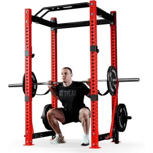 Mikolo 3″x3″ Power Cage, Multi-Function Power Rack with LAT Pull Down Pulley System, Commercial Squat Rack for Home Gym with 3×3 Attachment, 1500 lbs Weight Capacity(Red Power Cage)
