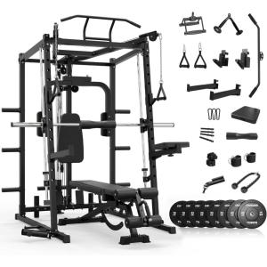 Mikolo All-in-One Smith Machine Home Gym with 230lbs Weight Plates, Power Cage with Cable Crossover, LAT Pulldown, Squat Rack & Adjustable Weight Bench