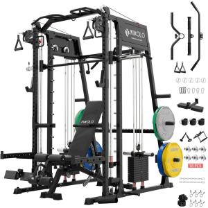 Mikolo M4 2.0 Smith Machine, All-in-One Home Gym Power Cage with LAT Pulldown & Cable Crossover, Squat Rack for Full Body Workouts(M4 2.0 Elite Black Package (230LB Color BP))