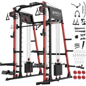 Mikolo M4 2.0 Smith Machine, All-in-One Home Gym Power Cage with LAT Pulldown & Cable Crossover, Squat Rack for Full Body Workouts(M4 2.0 Elite Red)