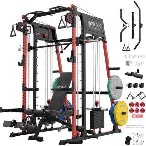 Mikolo M4 2.0 Smith Machine, All-in-One Home Gym Power Cage with LAT Pulldown & Cable Crossover, Squat Rack for Full Body Workouts(M4 2.0 Elite Red Package (230LB Color BP))
