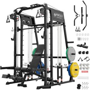 Mikolo M4 2.0 Smith Machine, All-in-One Home Gym Power Cage with LAT Pulldown & Cable Crossover, Squat Rack for Full Body Workouts(M4 2.0 Ultra Black Package (230LB Color BP))