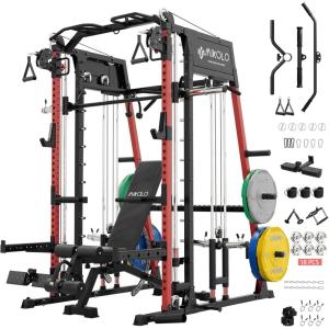 Mikolo M4 2.0 Smith Machine, All-in-One Home Gym Power Cage with LAT Pulldown & Cable Crossover, Squat Rack for Full Body Workouts(M4 2.0 Ultra Red Package (230LB Color BP))