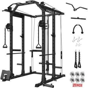 Mikolo Power Cage, Power Rack with Cable Crossover System, 1500LBS Squat Rack with LAT Pull Down System, Workout Cage with Pulley System for Fitness Home Gym(Black)