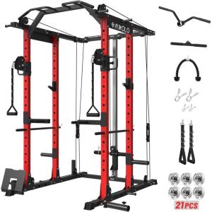 Mikolo Power Cage, Power Rack with Cable Crossover System, 1500LBS Squat Rack with LAT Pull Down System, Workout Cage with Pulley System for Fitness Home Gym(Red)