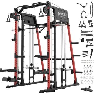 Mikolo Smith Machine, 2200lbs Squat Rack with LAT-Pull Down System & Cable Crossover Machine, Training Equipment with Leg Hold-Down Attachment(Red)