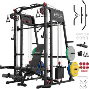 Mikolo Smith Machine, All-in-one Power Cage Home Gym with Weight Stack, Aluminum Pulley Set, Dual LAT Pull-Down System & Cable Crossover, Black (with 230lb Color Plates Set+Bench)