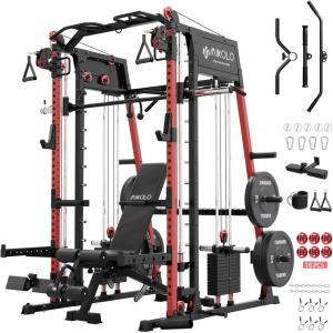 Mikolo Smith Machine, All-in-one Power Cage Home Gym with Weight Stack, Aluminum Pulley Set, Dual LAT Pull-Down System & Cable Crossover, Red (with 230lb Black Plates Set+Bench)