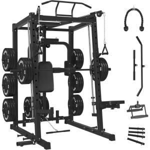 Mikolo All-in-One Smith Machine Home Gym, 2000LBS Power Cage with Cable Crossover System, Integrated Squat Rack with Weight Bar for Full-Body Training—LAT Pulldown, T-Bar Row, Triceps, Chest Fly