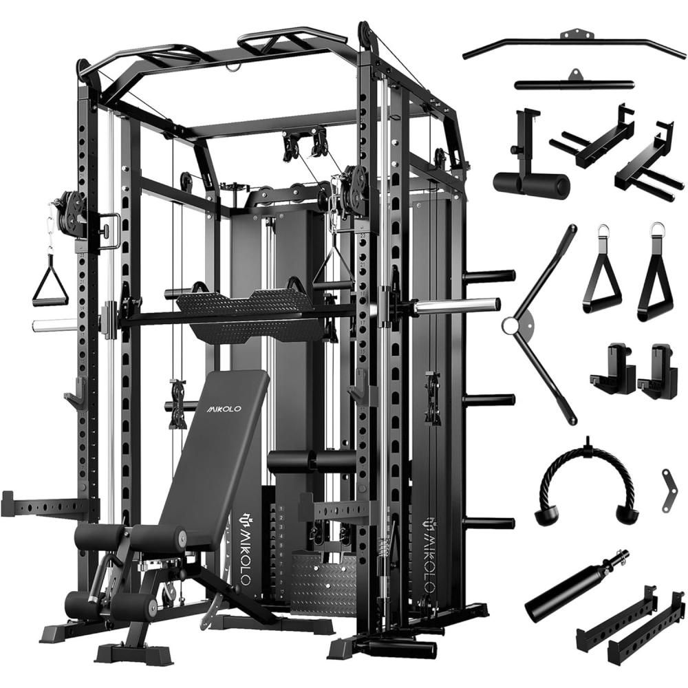 imageMikolo Smith Machine with Weight Stack Power Cage Home Gym System with LAT Pulldown amp Cable Crossover MultiFunctional Trainer with Dual Pulley System Includes 10 Free AttachmentsPackage with Bench  Cable Attachment Set
