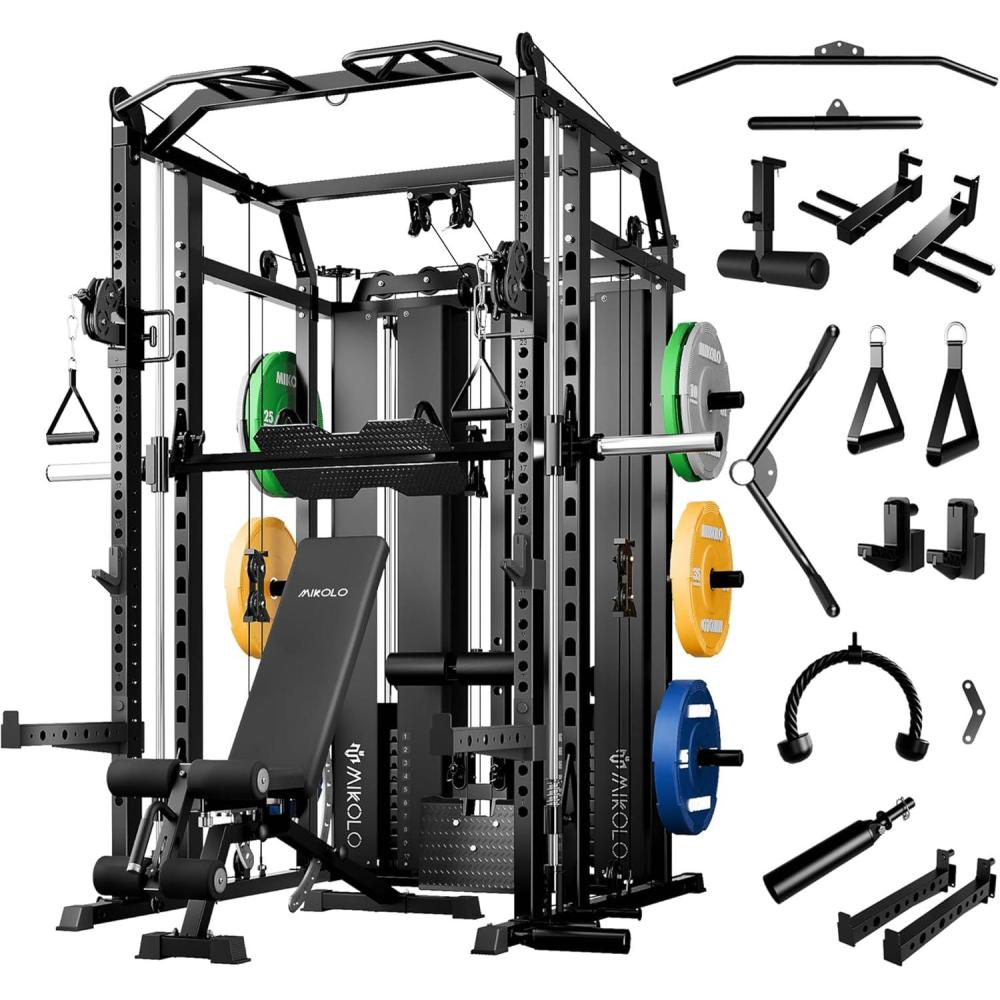 imageMikolo Smith Machine with Weight Stack Power Cage Home Gym System with LAT Pulldown amp Cable Crossover MultiFunctional Trainer with Dual Pulley System Includes 10 Free AttachmentsPackage with Bench  230lb Color Bumper Plates